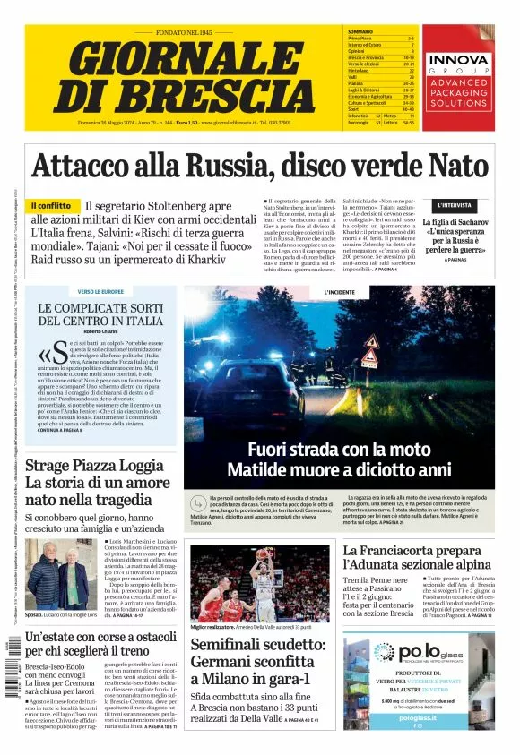 Prima-pagina-giornale di brescia-oggi-edizione-del-2024-05-26